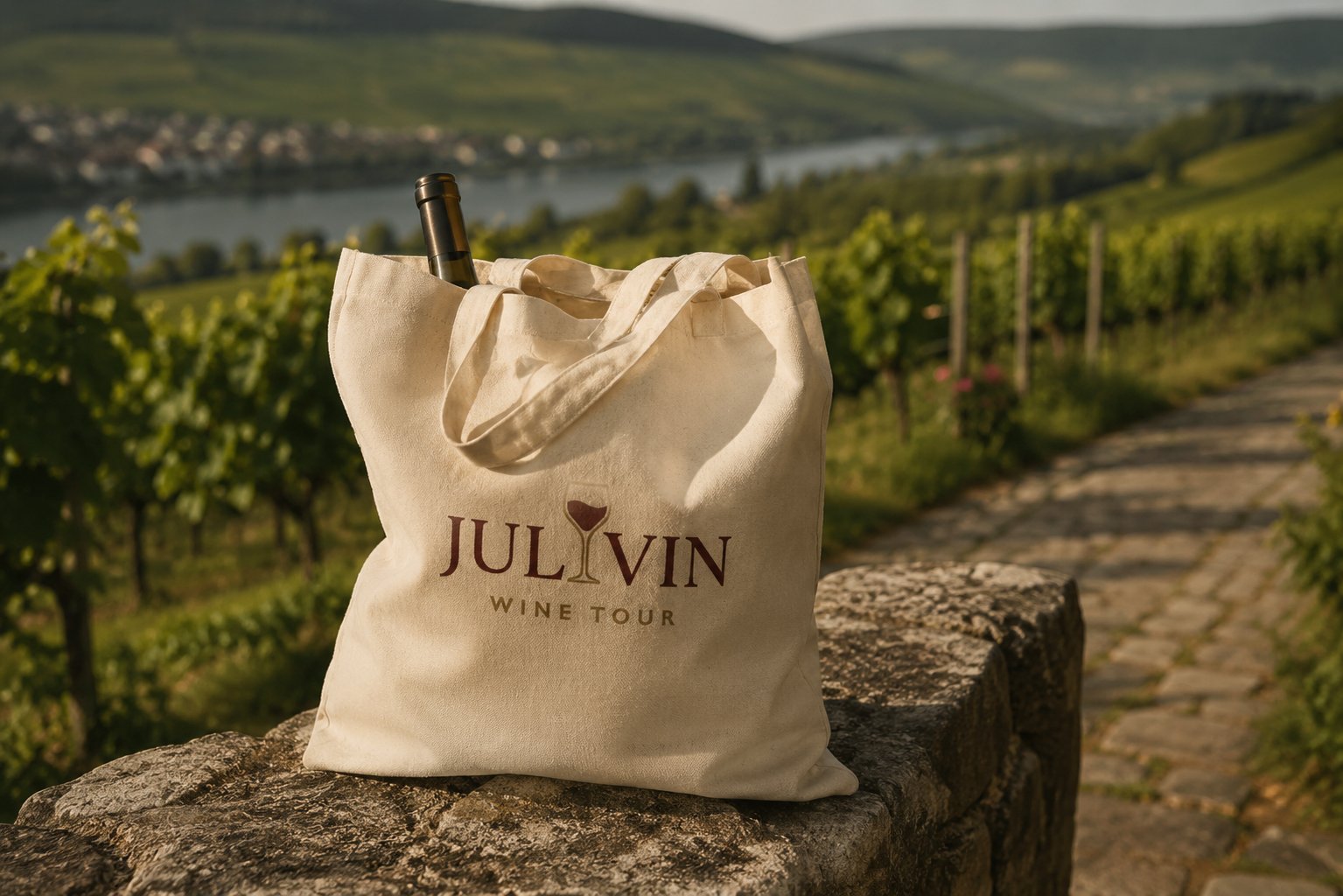Julivin Welcome-Bag mit Weinflasche, Blick auf den Rhein und die Weinberge