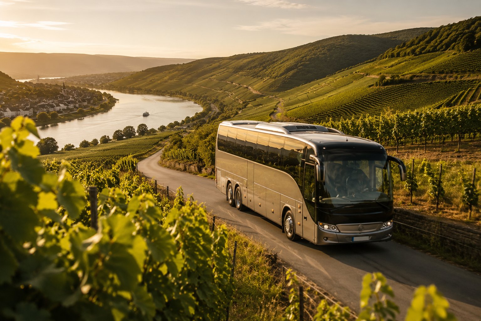 Bus fährt durch die Weinberge im Rheingau, Blick auf den Rhein
